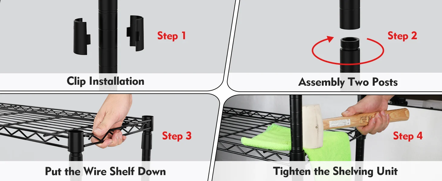 Wire shelf installation steps with clip installation, assembly two posts, and tightening the shelving unit