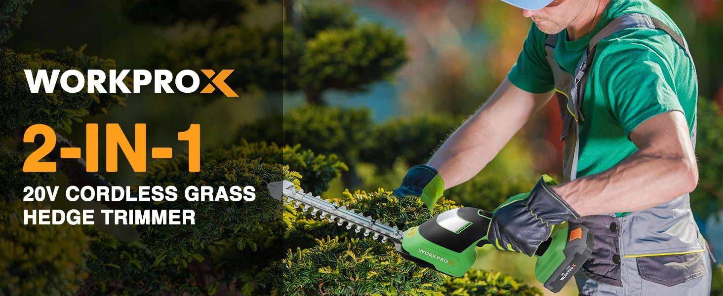 Man trimming a hedge with a green cordless grass hedge trimmer, with Workpro branding on the banner