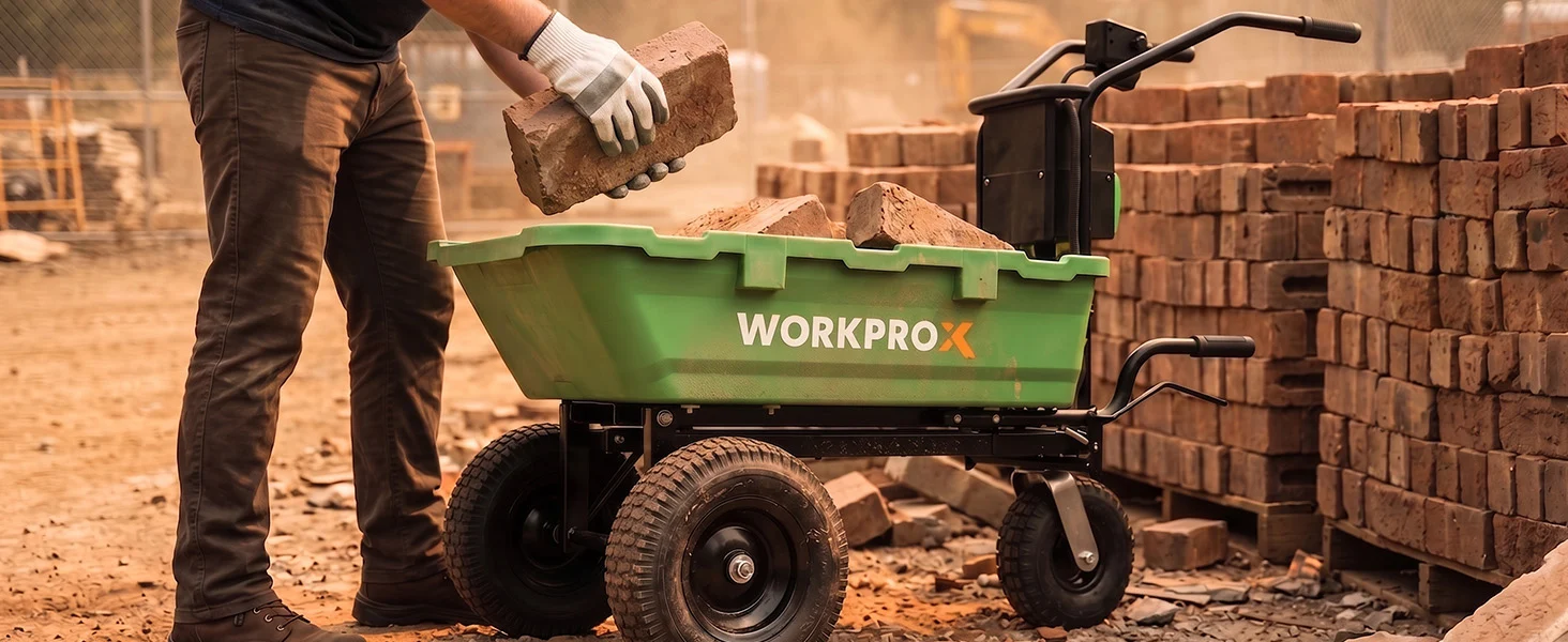 Construction worker loading bricks into a green Workprox cart, showing durable, secure, high-quality innovation