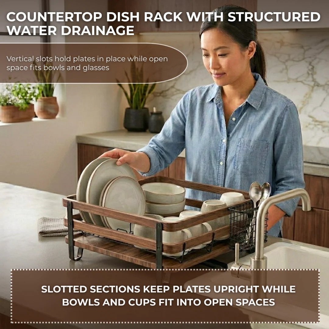 Countertop Dish Drying Rack with Utensils Holder and Drain Tray