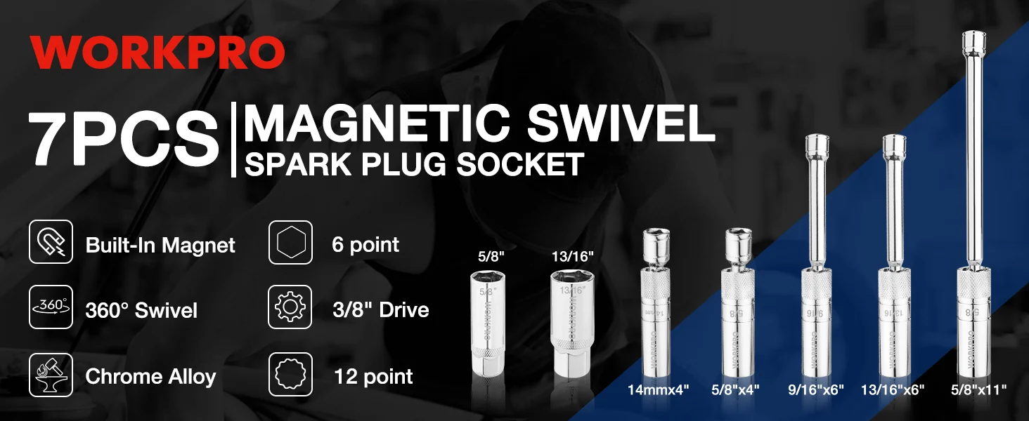 Magnetic swivel spark plug socket set with Chrome Alloy, 360 swivel, and 6 point sockets shown on a banner