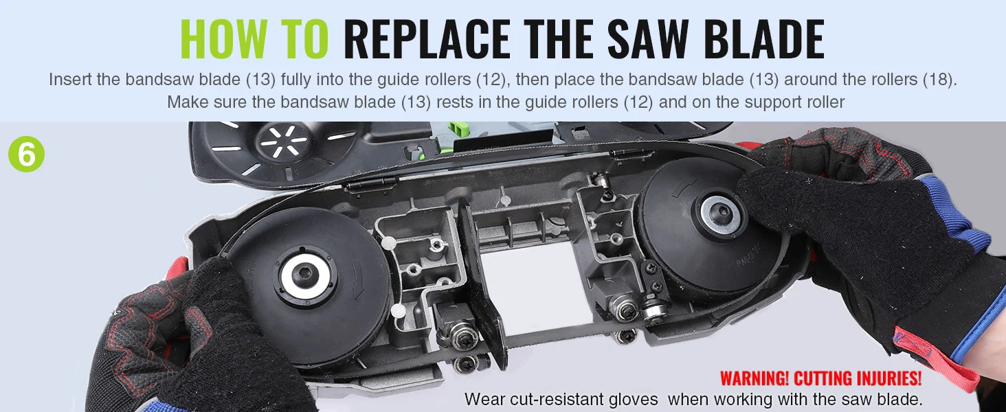 Hands wearing cut resistant gloves replace a saw blade on a bandsaw, showing guide rollers and wheels