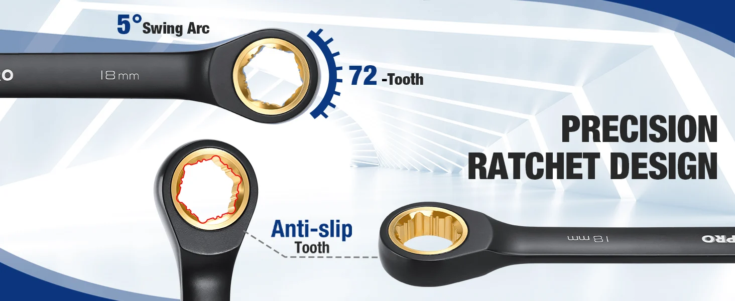 Ratchet wrench with 72 tooth design, anti slip tooth, and 5 degree swing arc shown on a blue graphic