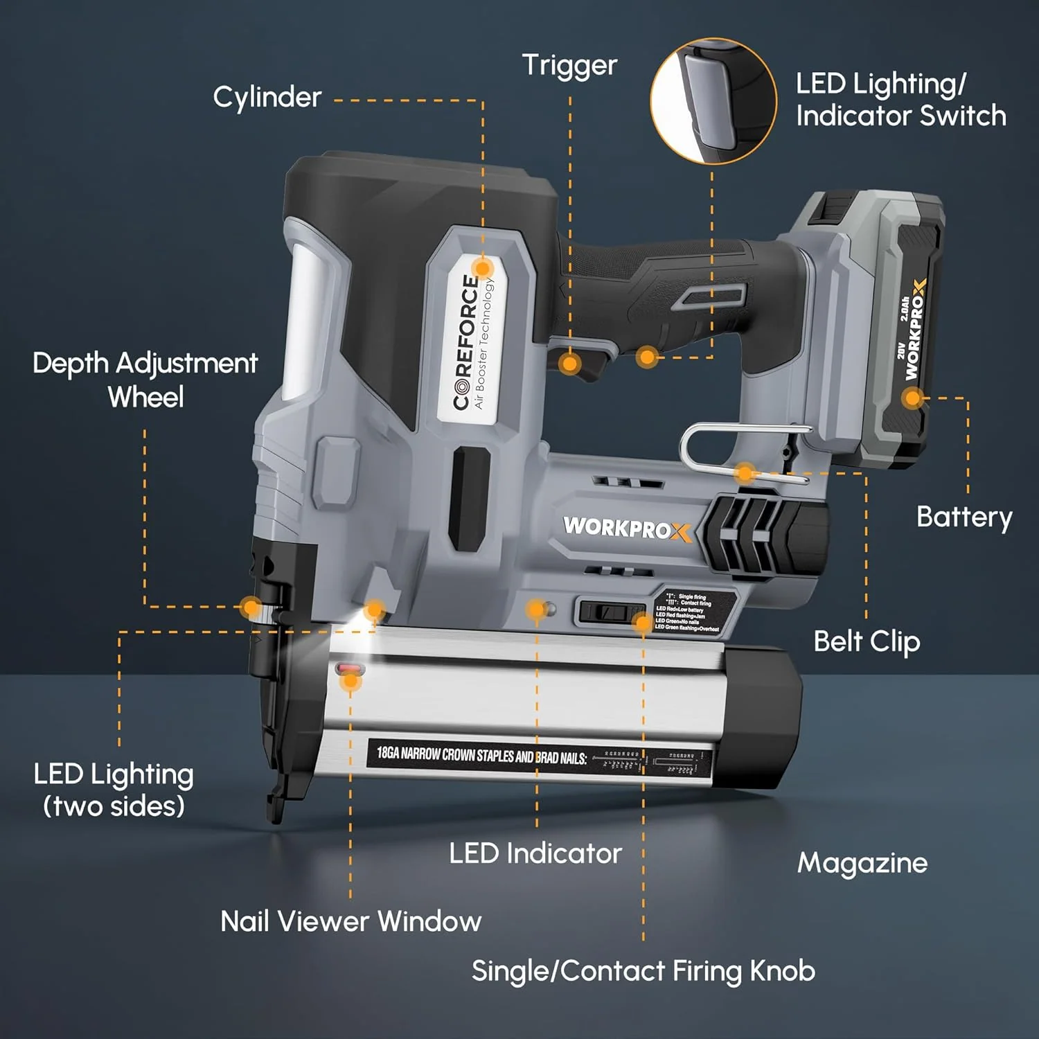WORKPROX 20V Cordless Brad Nailer Kit, 18 Gauge 2-in-1 Nail & Staple Gun with 2.0Ah Rechargeable Battery, 1000 Staples & 1000 Nails, for Woodworking, Upholstery, DIY Projects & Home Improvement - Image 8