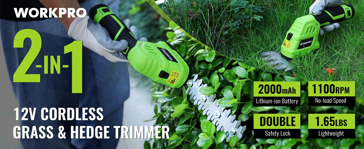Green 12V cordless grass and hedge trimmer with gloved hands trimming dense bushes in a yard