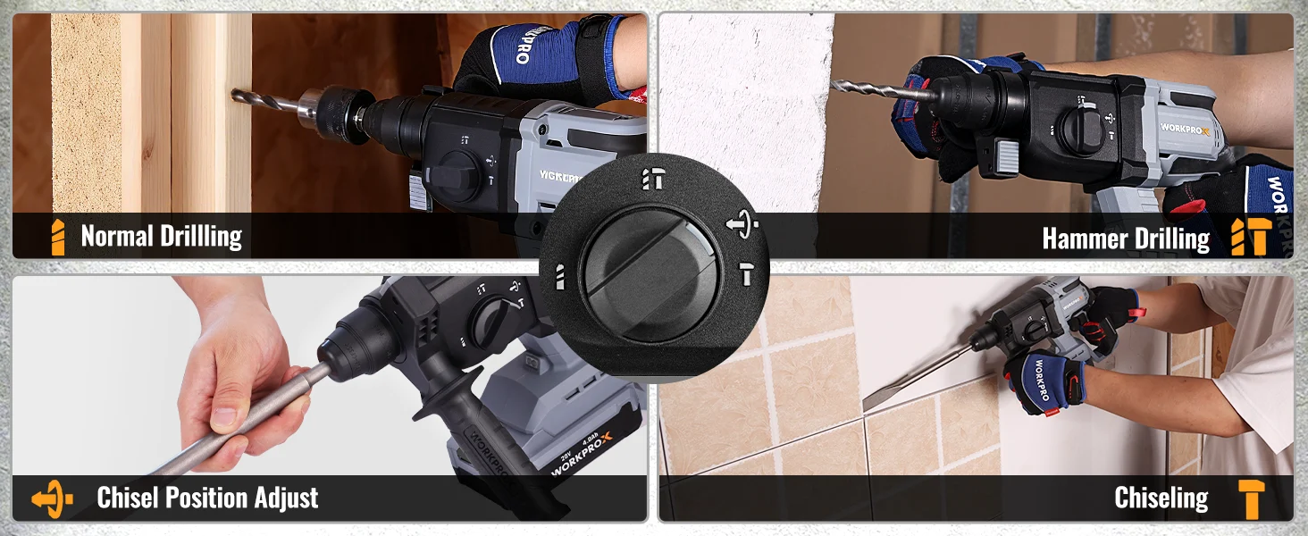 Power drill with chisel bit and selector dial, showing normal drilling, hammer drilling, and chisel position adjust