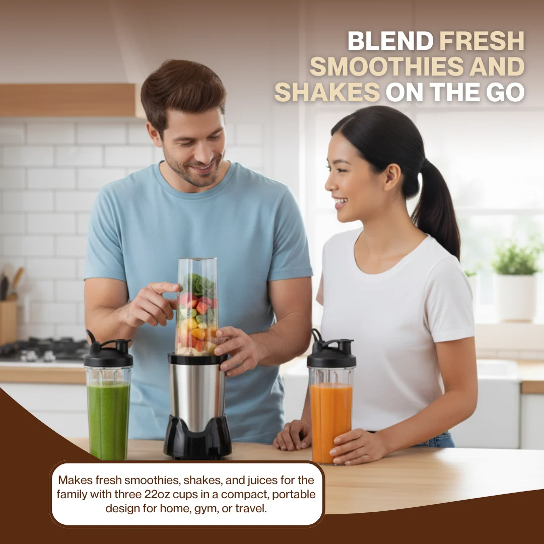 Portable Smoothie Blender with 3 Cups and 6-Leaf Stainless Steel Blade