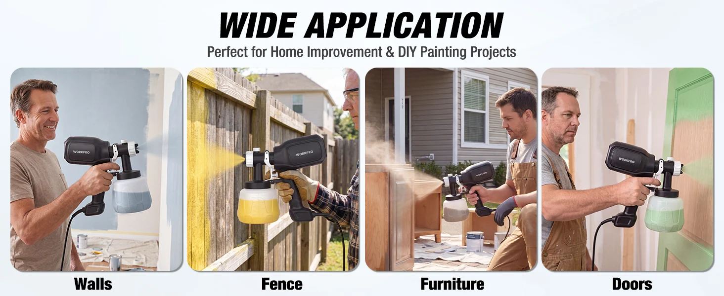 Handheld paint sprayer in use on walls, fence, furniture, and doors, showing innovation and quality for DIY projects