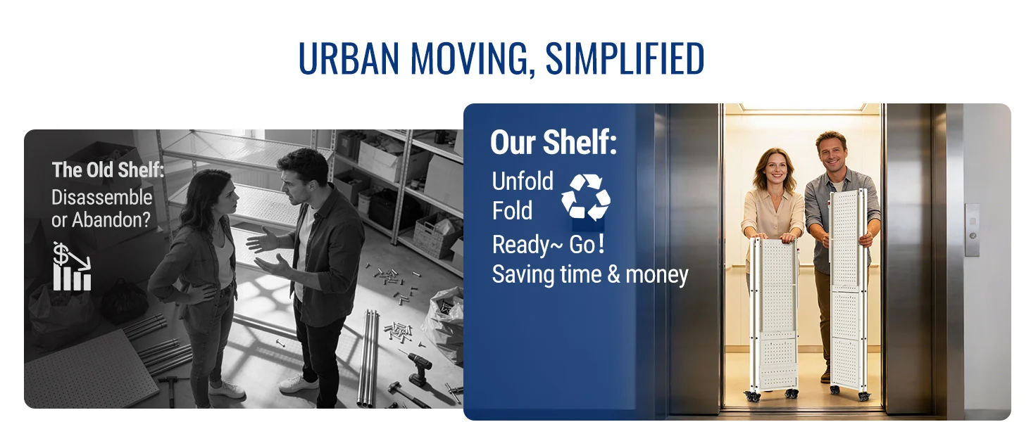 Moving shelving system shown with innovation and quality text, plus people carrying folded units in a doorway