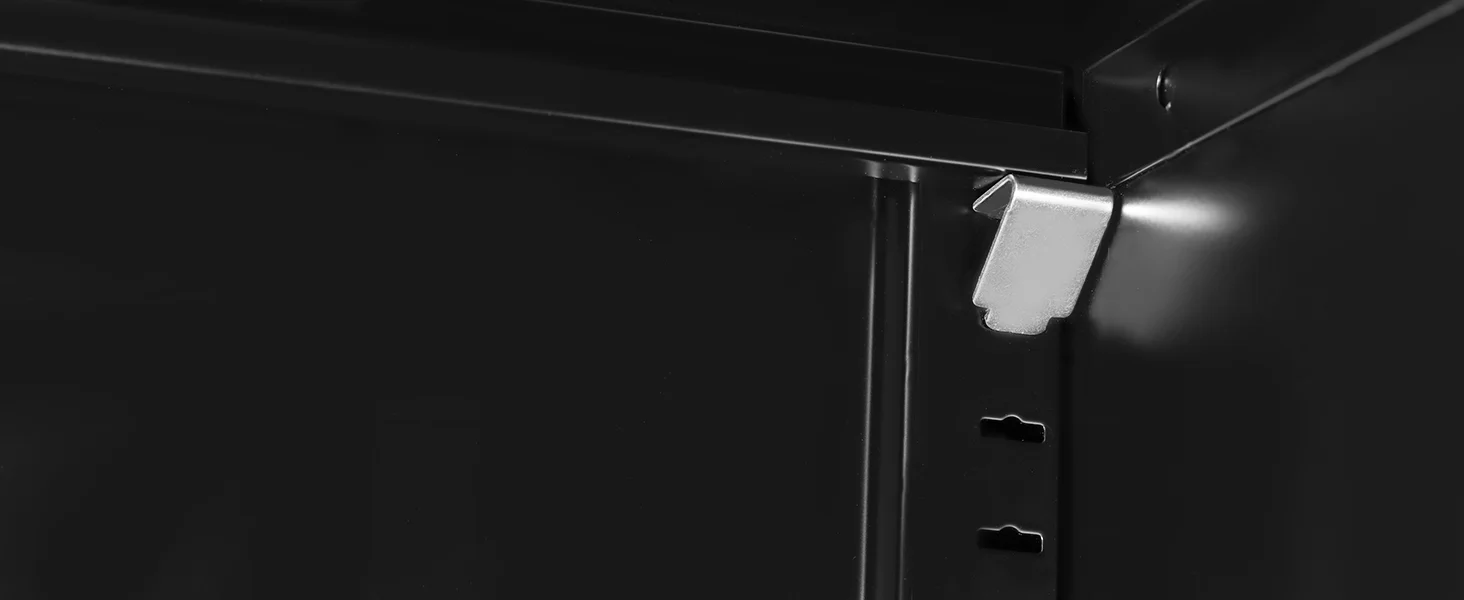 Metal cabinet door hinge and latch in dark finish, showing innovation and quality details in close view