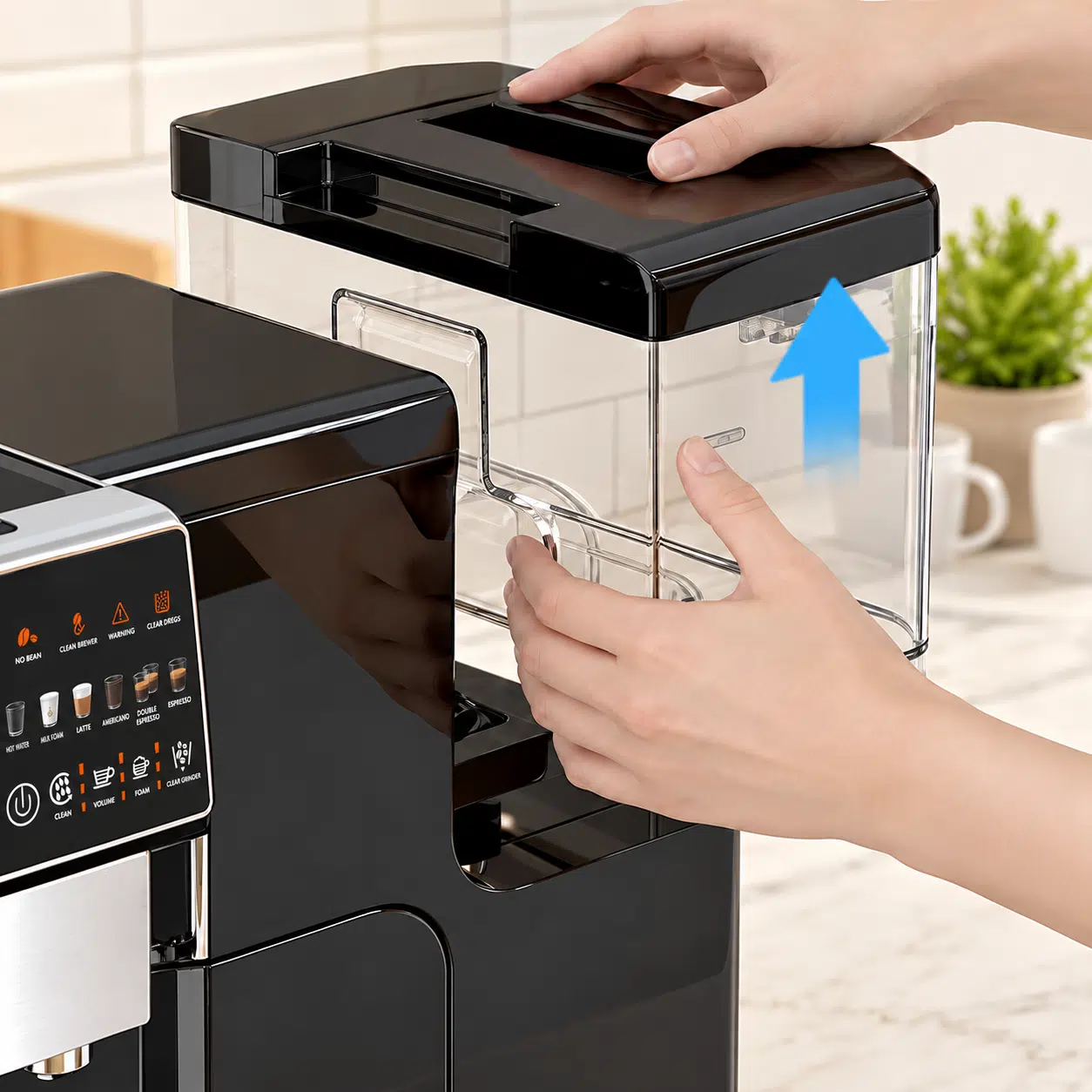 Hands lifting the removable water tank from a Kismile automatic espresso machine