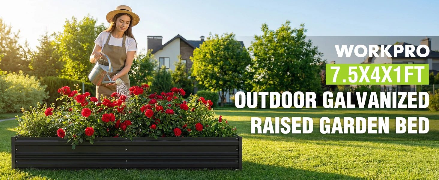 Woman gardening in a raised garden bed with red flowers in a sunny yard, with outdoor metal panels