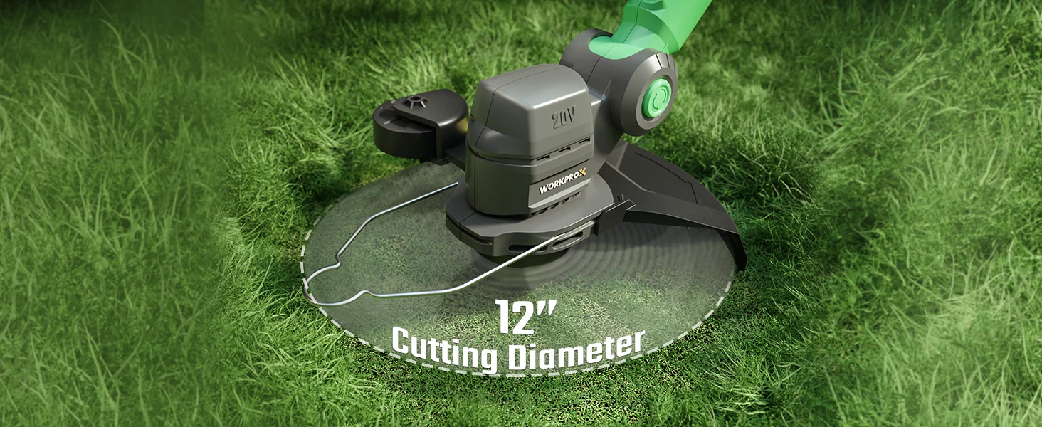 Cordless lawn mower on green grass with a 12 inch cutting diameter label and visible battery pack