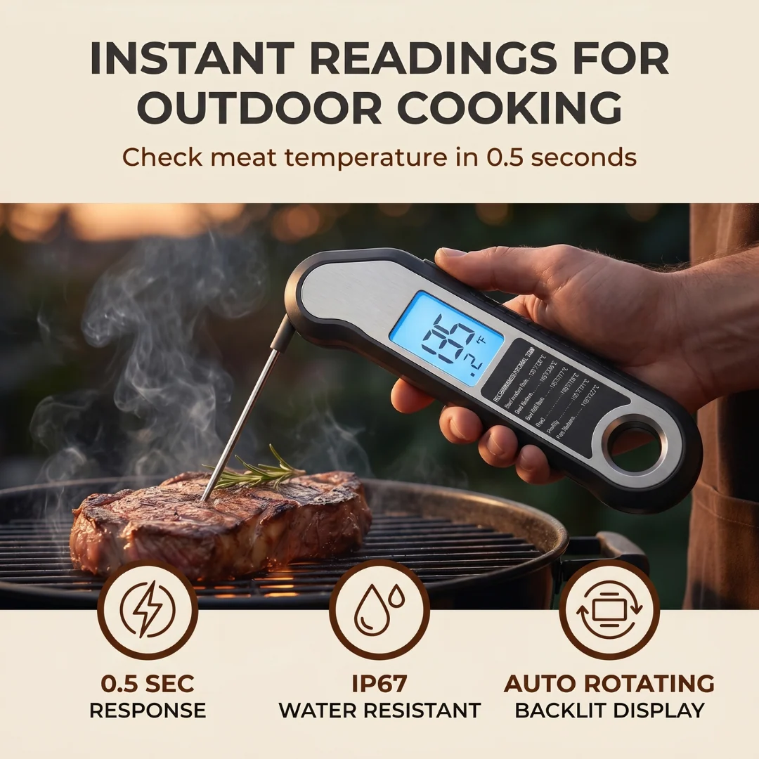 Digital Meat Thermometer Instant Read Water-Resistant BBQ Grill Probe