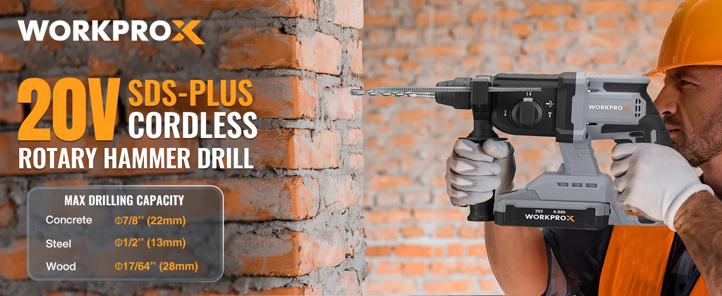 Rotary hammer drill in a brick wall setting with gloved hands, showing 20V SDS plus corded tool
