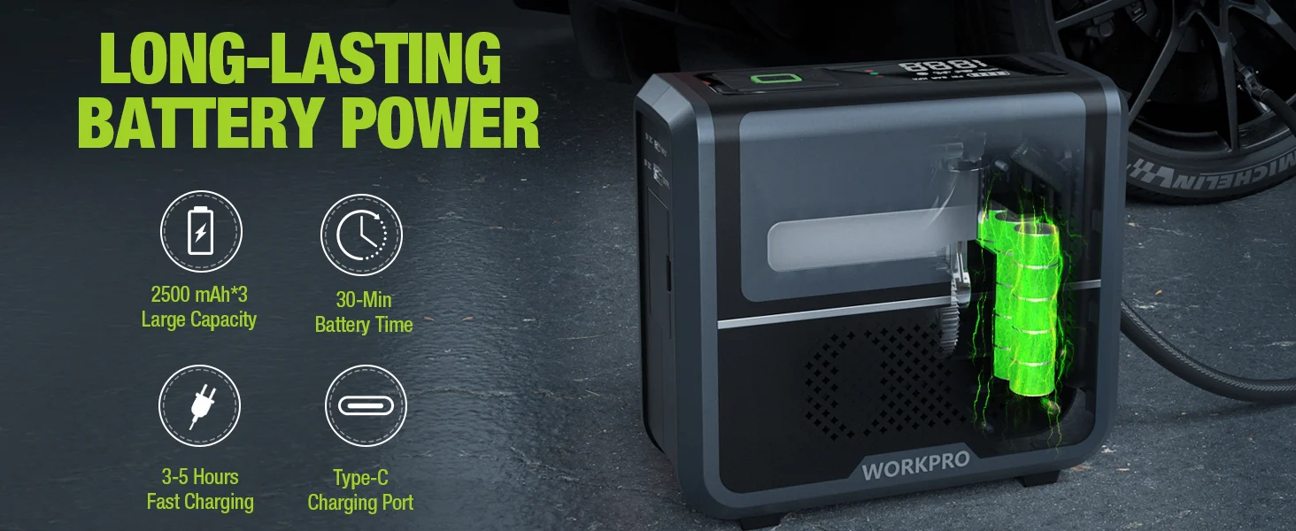 Portable battery power station with a glowing green battery indicator, showing innovation and quality features on a workbench