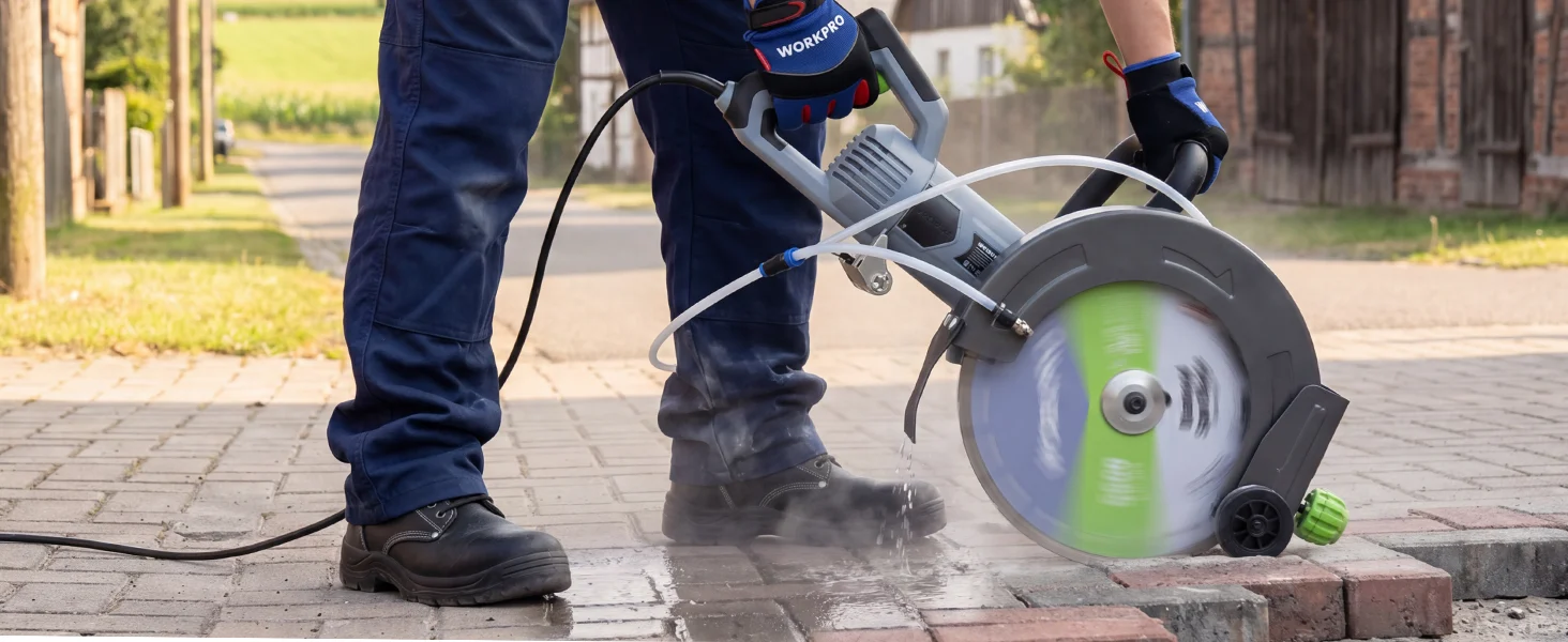 Worker using a power saw on a sidewalk, sparks and dust visible, innovation and quality in action