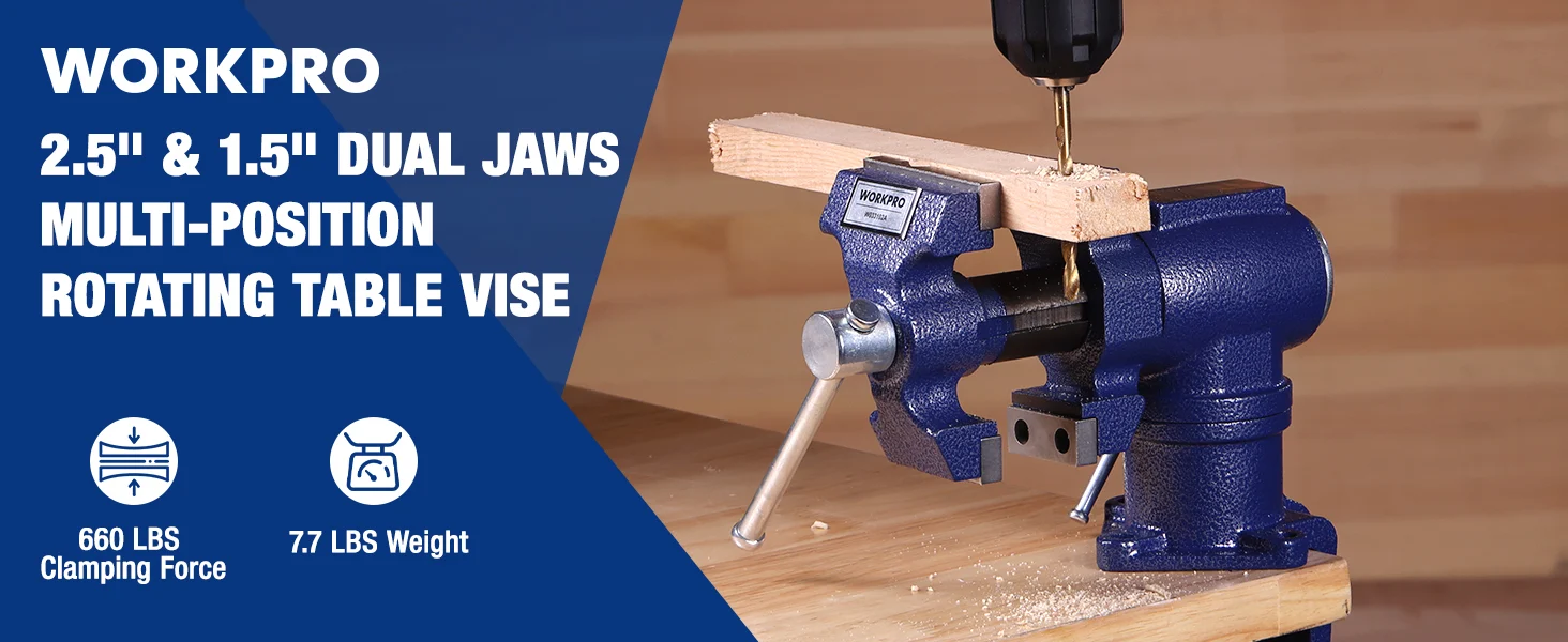 Blue metal table vise clamping wood with a drill bit, showing innovation and quality in a workshop scene