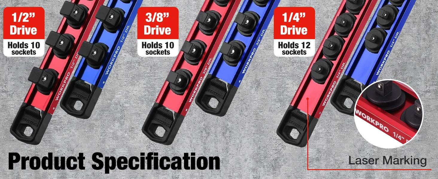 Workpro drive socket sets with 1 4 and 3 8 drive sizes, laser marking, and durable black sockets on gray