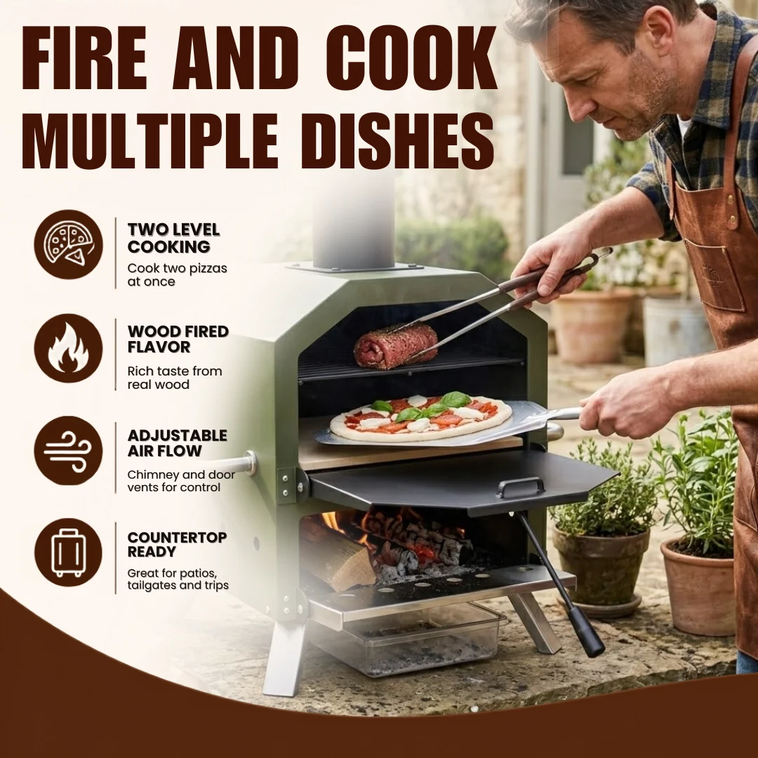Wood Fired Pizza Oven with Dual-Level Cooking and Pizza Stone