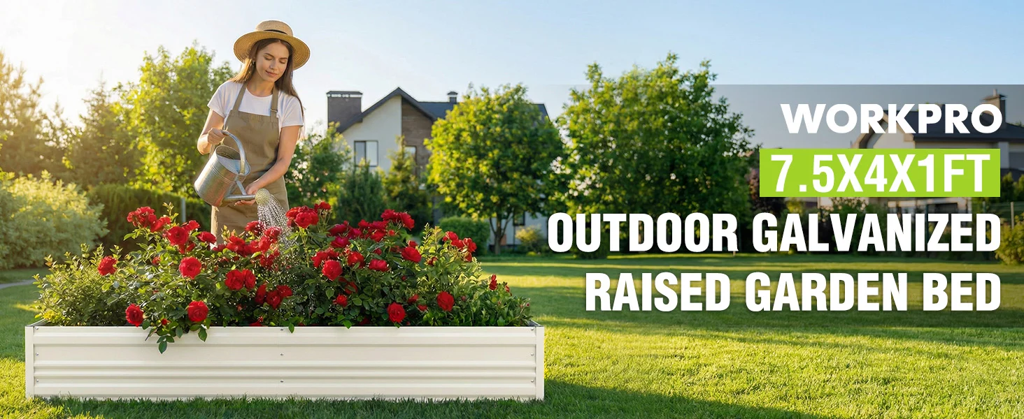 Raised garden bed with red flowers, a woman watering outdoors, with innovation and quality in a secure setting