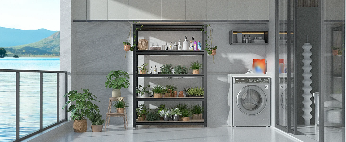 Laundry room with innovation, quality, and high-quality shelving, plants, and a secure durable washing machine by a lake