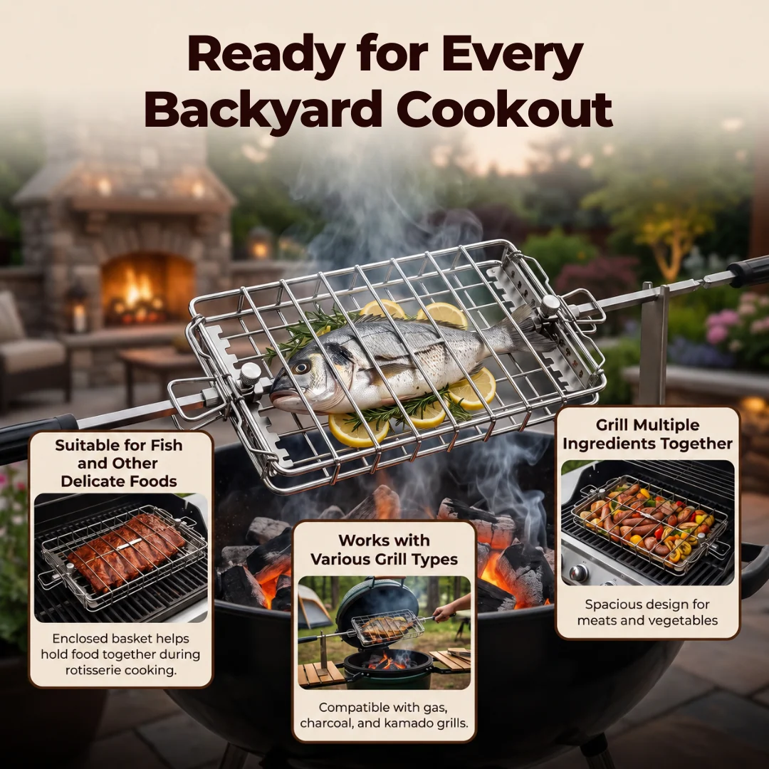 Stainless Steel BBQ Rotisserie Basket Fits Multiple Spit Rod Sizes