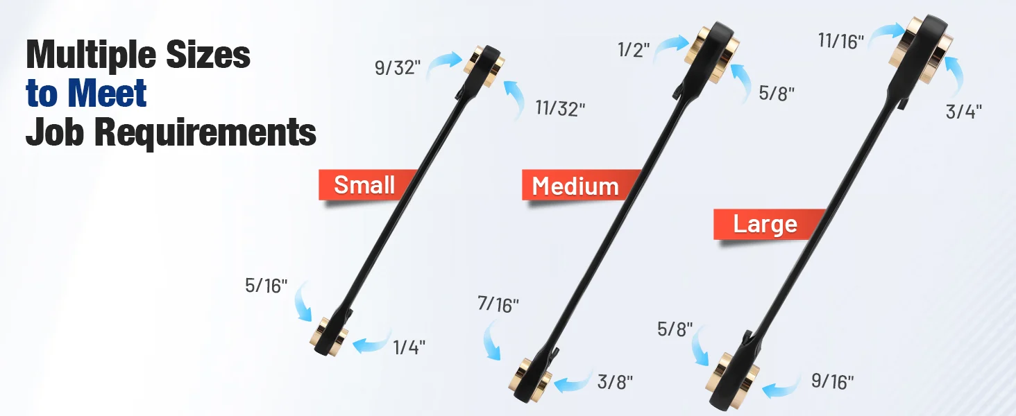 Metal tool with multiple sizes shown by measurements, innovation and quality labels on a clean diagram