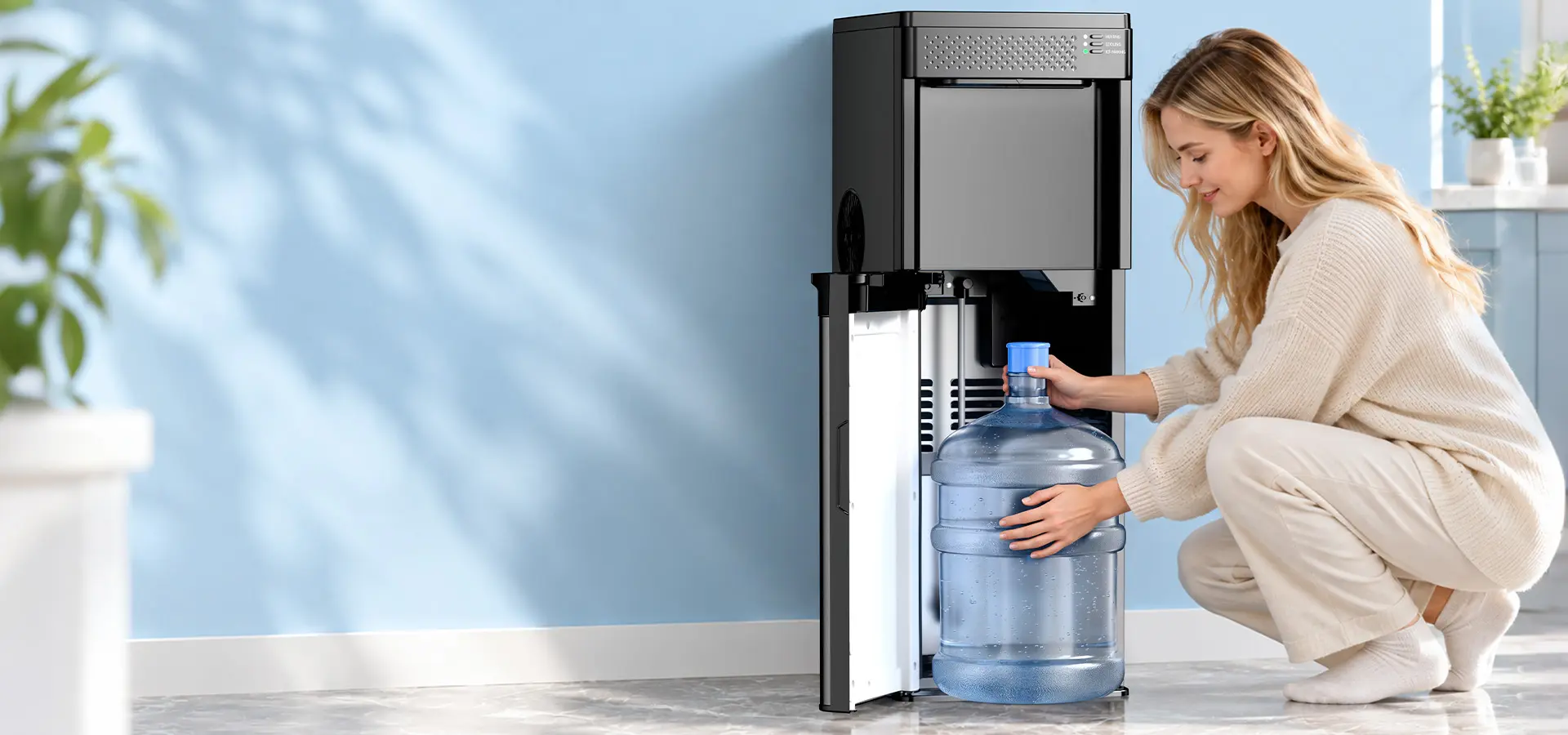 Person replacing a 5-gallon bottle inside a bottom-loading water dispenser