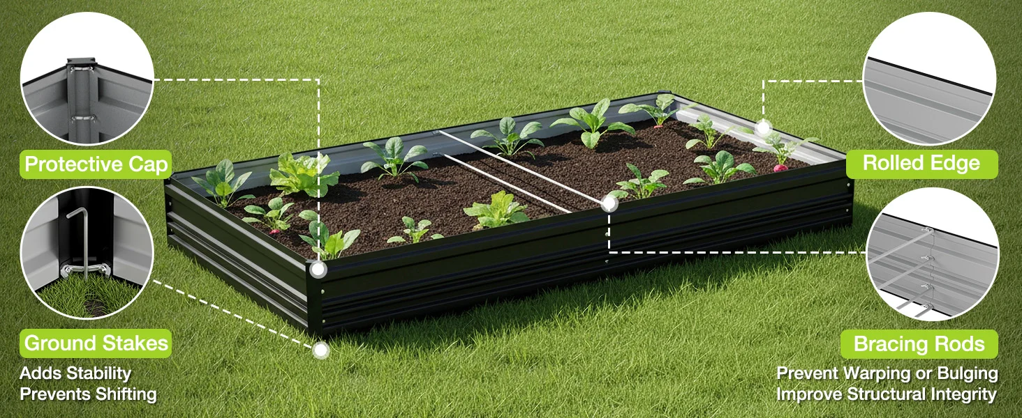 Durable raised garden bed with rolled edge, protective cap, ground stakes, and bracing rods on green grass