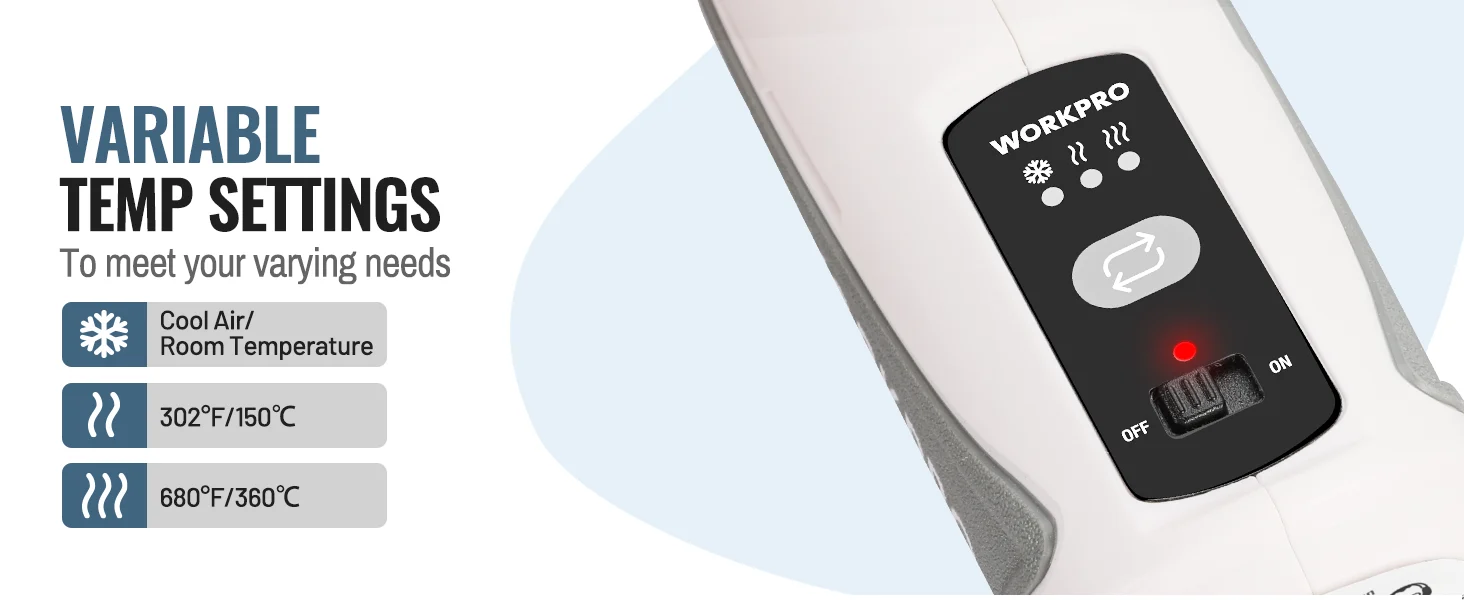 Workpro appliance remote shows innovation and quality controls, with temperature settings and a red power light