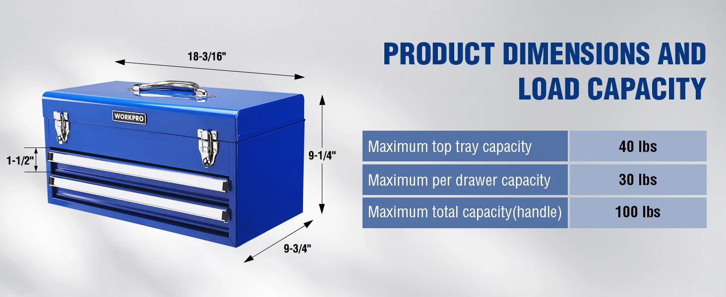 Blue metal tool chest with dimensions and load capacity chart, showing maximum top tray and drawer weights