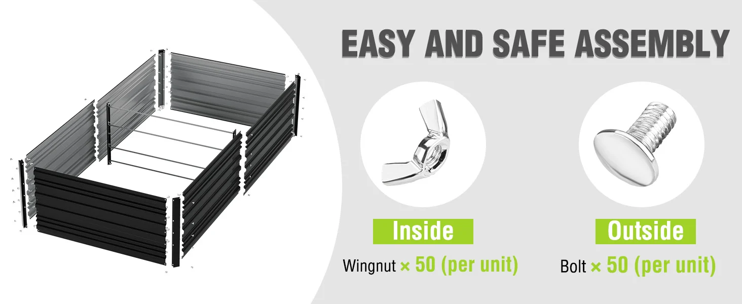 Metal raised garden bed frame with wingnut and bolt hardware, showing easy safe assembly text