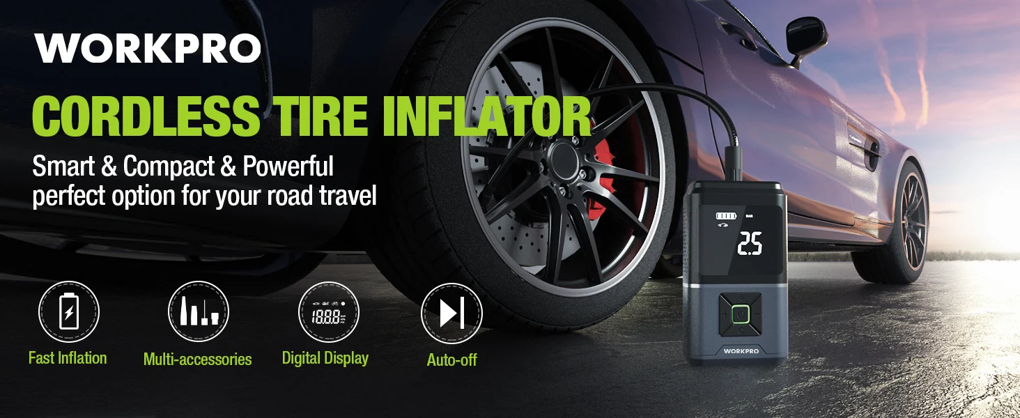 Cordless tire inflator innovation and quality shown beside a car wheel with digital display on a road at sunset