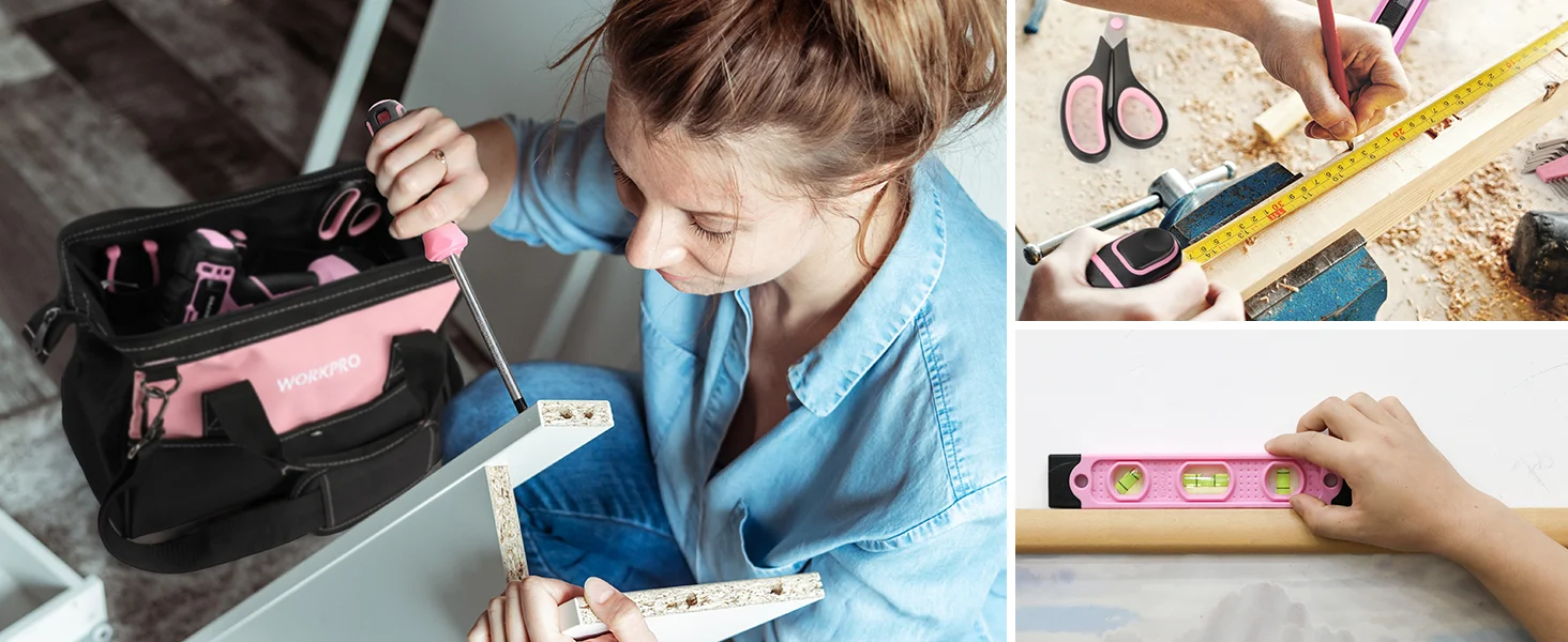 Woman using a tool kit and measuring tape, with innovation and quality work on wooden boards