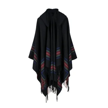 Hooded Poncho Oversized Striped Tassel Acrylic Blend