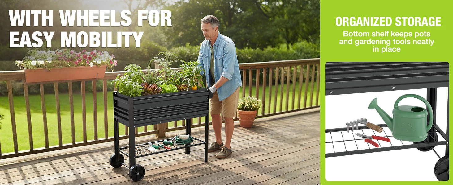 Garden storage cart with wheels and shelves, shown on a wooden deck with potted plants and tools