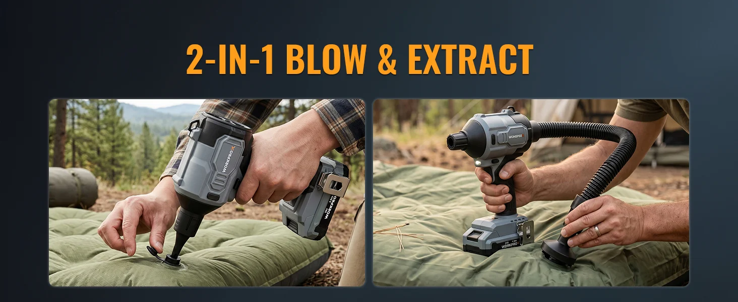 Outdoor power tool setup with 2 in 1 blow and extract function, showing secure handling and quality design
