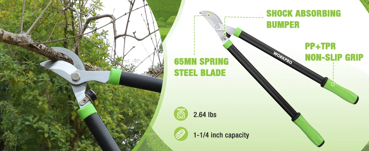 Garden pruning shears with green grips and steel blades, showing innovation, quality, and secure durable design