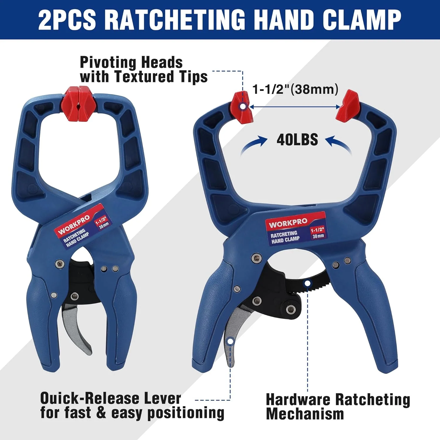 WORKPRO 10-Pack Clamps for Woodworking, 12" & 6" Bar Clamps, 2 Quick-Release Ratcheting Wood Clamps and 4 Spring Clamps, Light Duty F Clamps/Spreader 150 LBS Load Limit - Image 3