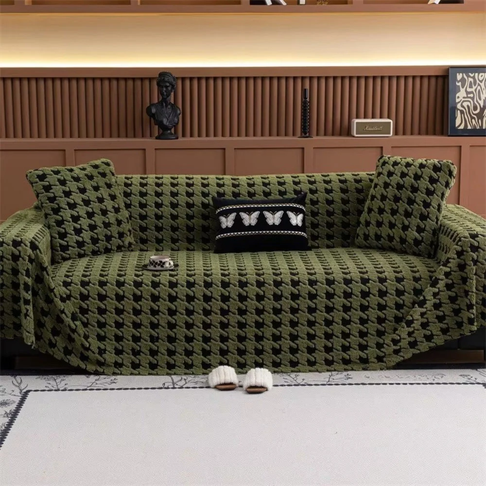 Sofa Cover Houndstooth Plush Microfiber Non-Slip Backing & Machine Washable