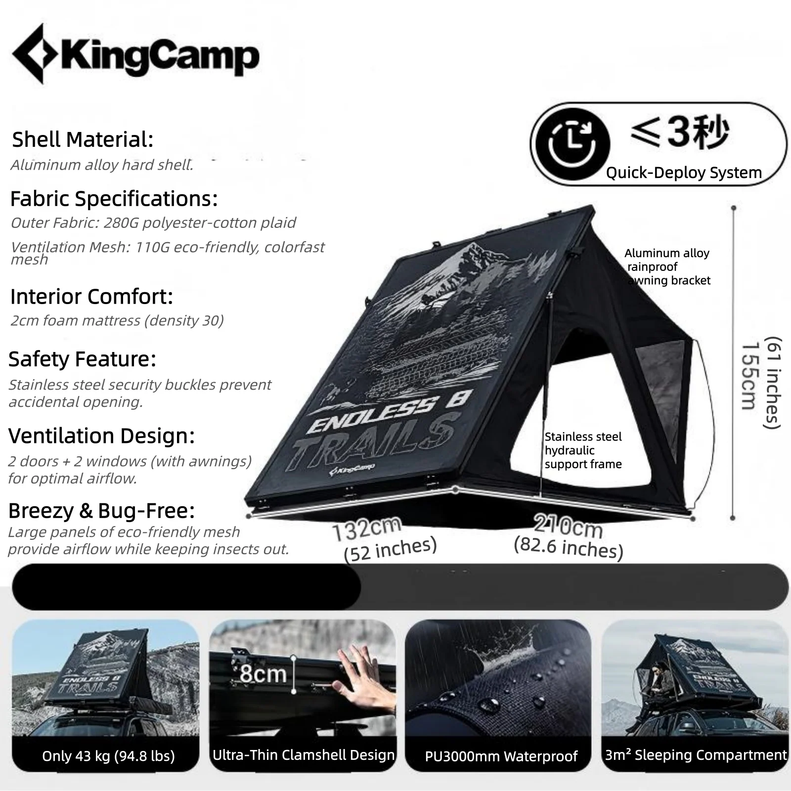 KingCamp ENDLESS 8 Aluminum Hardshell Rooftop Tent