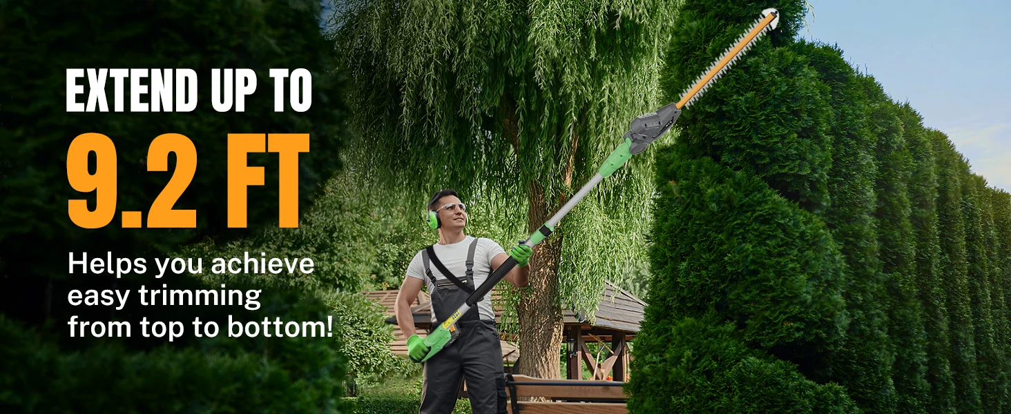 Outdoor gardener trimming a tall hedge with a green and white pole tool, with 9.2 FT text overlay
