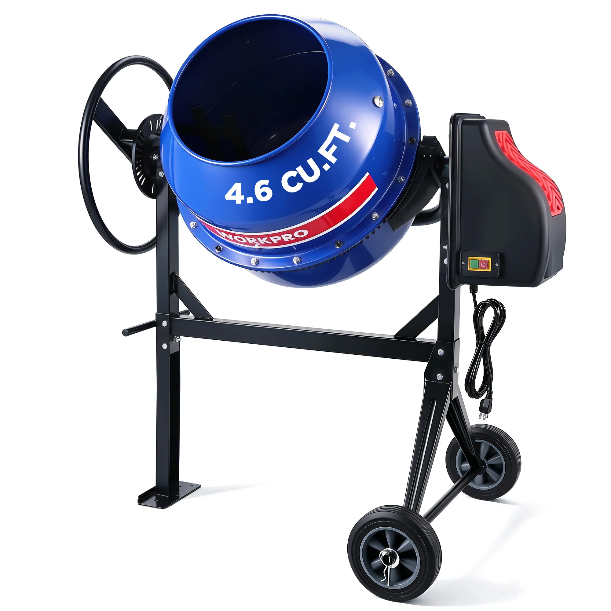 WORKPRO 4.6 Cu.Ft. Electric Cement Mixer, 600W 0.8HP Portable Concrete Mixer with Wheels & Stand Steel for Stucco, Mortar & Seeds