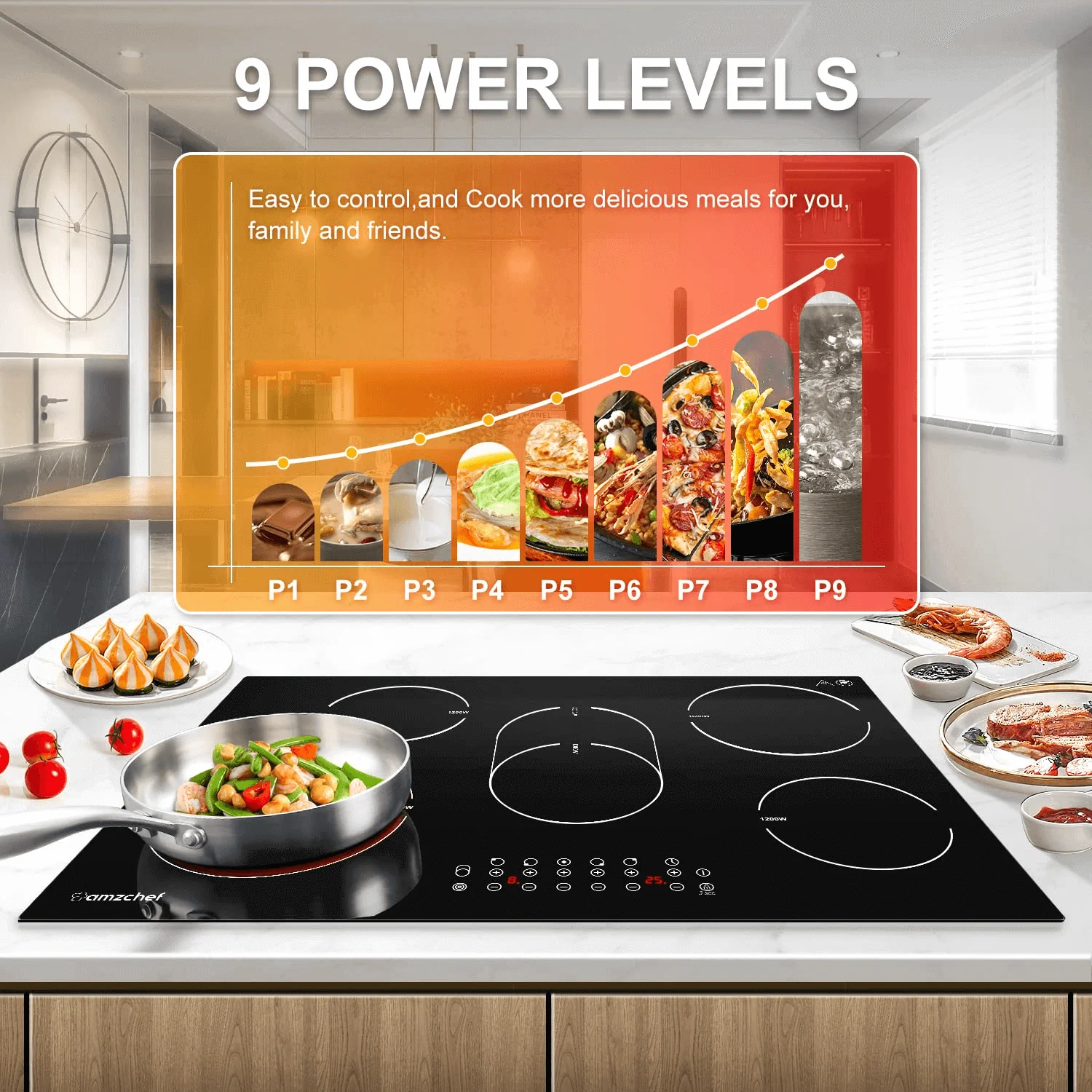 AMZCHEF Built-in Induction Stove With 5 Burners Triple and Toasting Zone CF8505 3