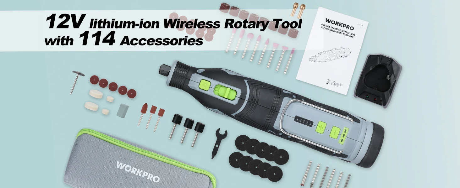 Innovation and quality cordless rotary tool with green display, bit accessories, and a gray case on a blue background