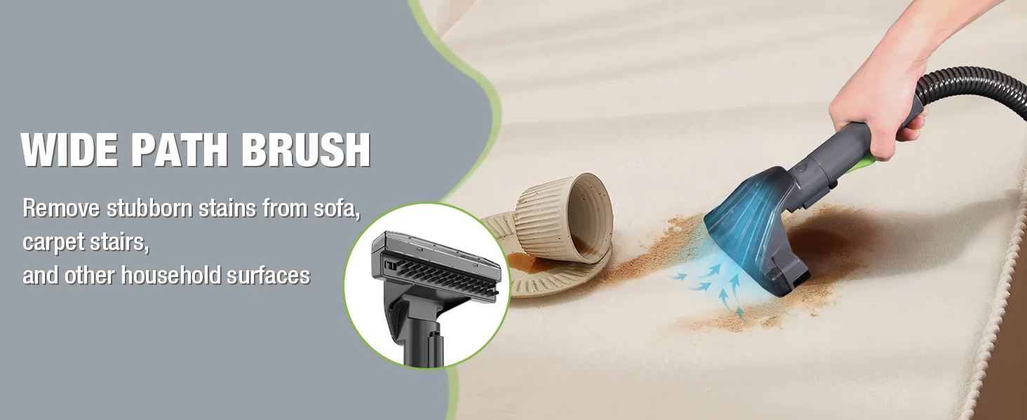 Hand vacuuming a beige sofa cushion with a wide path brush for innovation, quality, and durable cleaning