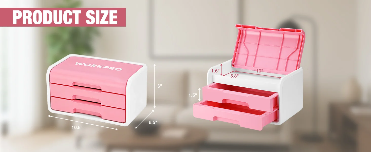 Pink drawer organizer with labeled dimensions, shown closed and open, highlighting innovation and quality