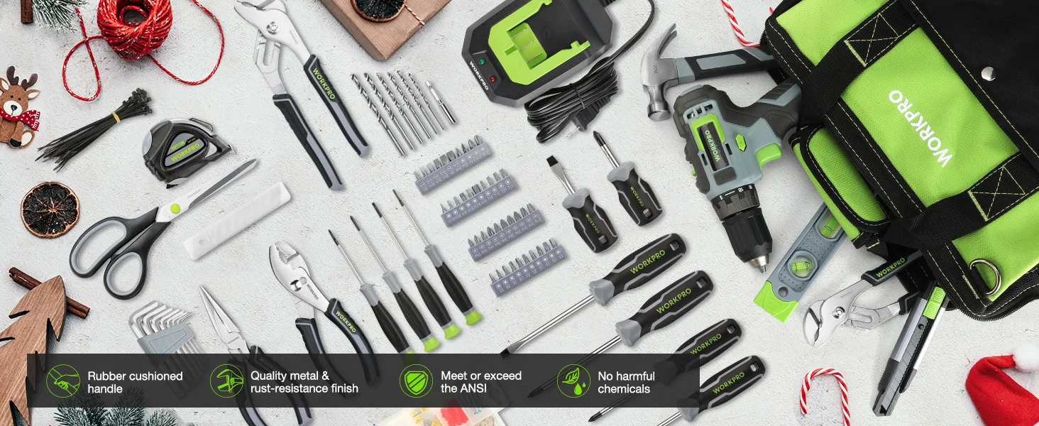 Hand tools kit with green and gray work tools, innovation and quality shown on a tool pouch