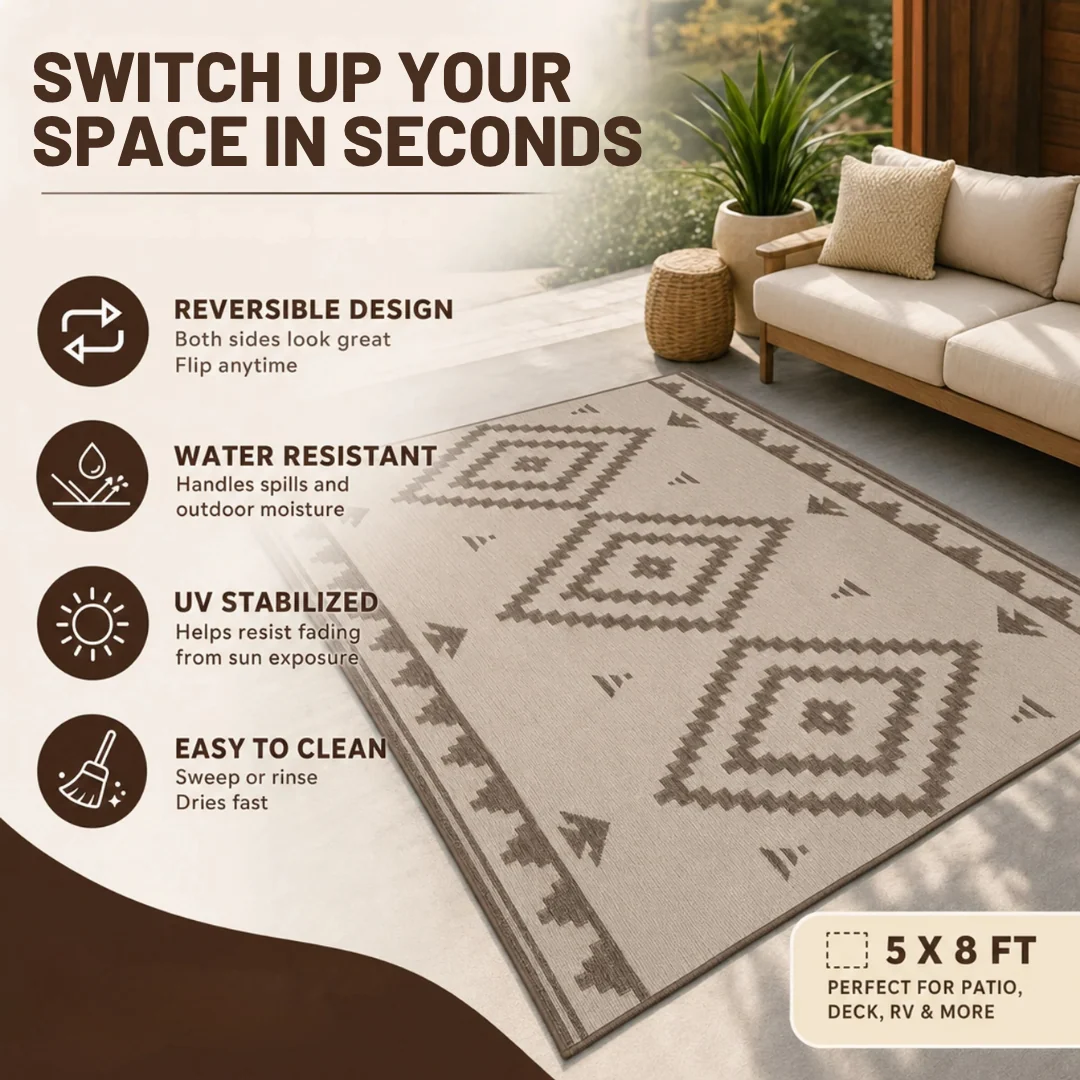 5 x 8 ft Reversible Woven Outdoor Rug for Patio, RV, Deck Use